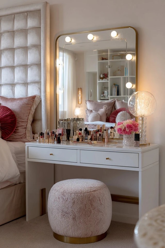Dressing table with illuminated mirror and organized cosmetics