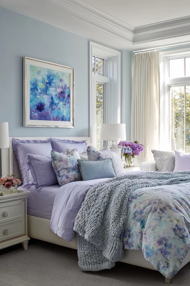 Light blue walls with lavender bedding