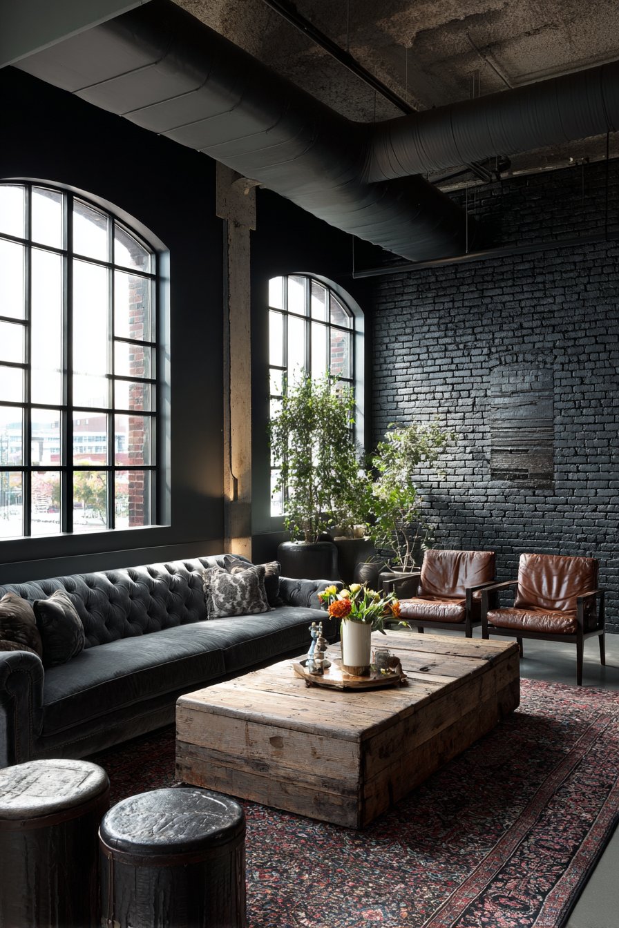 Painted black brick wall in warehouse conversion