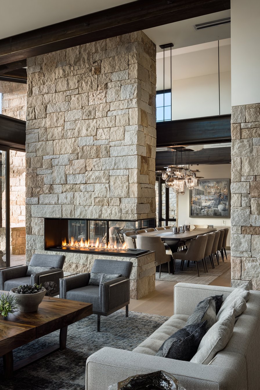 See-through stone fireplace between living and dining