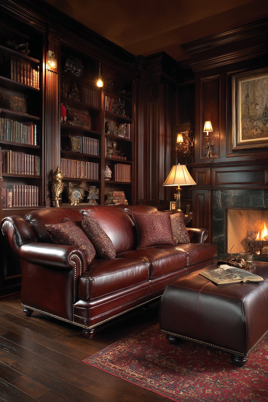 Saddle brown leather sofa with nailhead trim