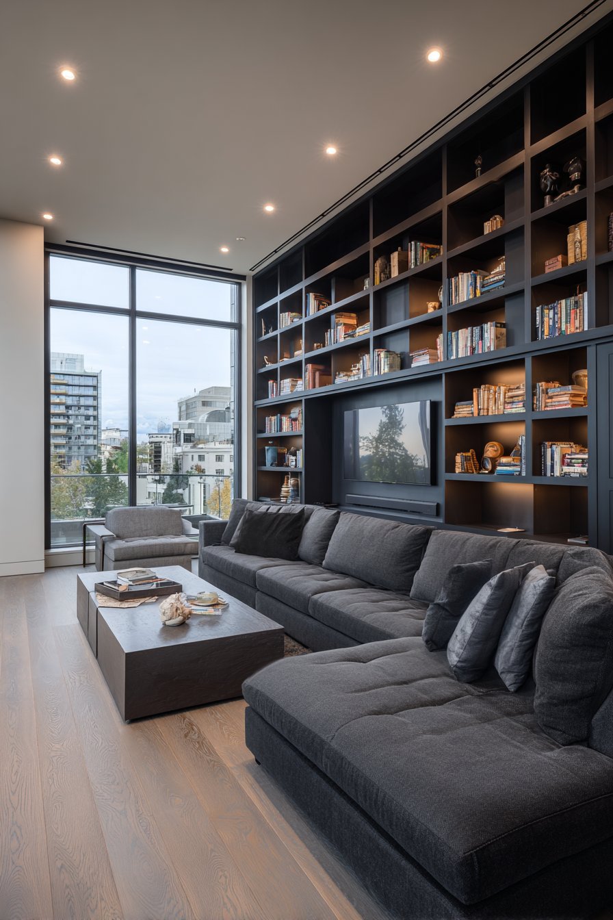 16-foot built-in shelving wall in contemporary living room