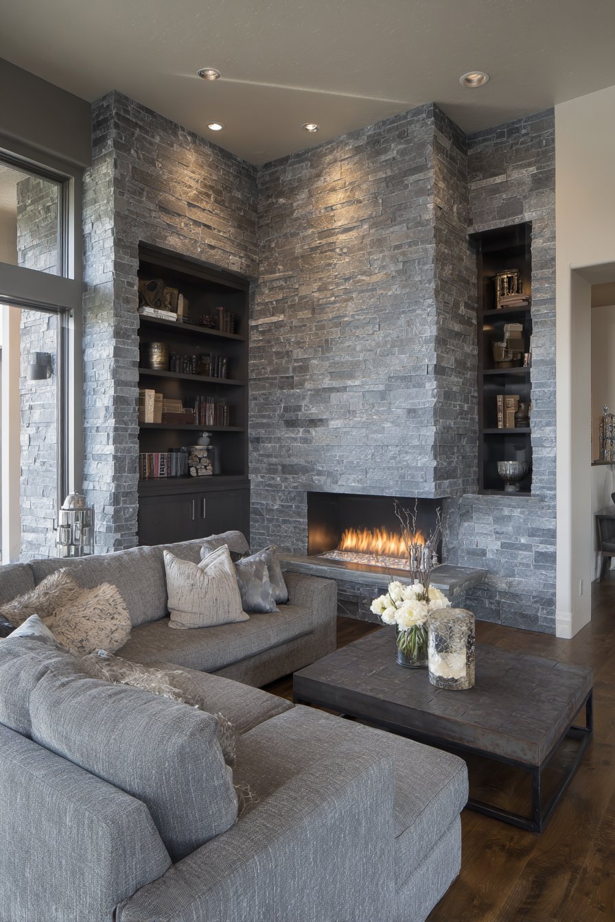 Angled corner fireplace with stone surround