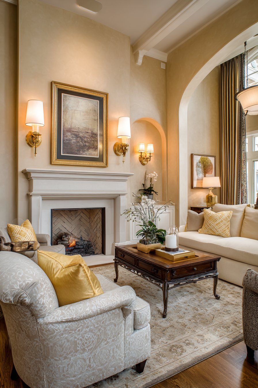 Brass sconces flanking fireplace mantel