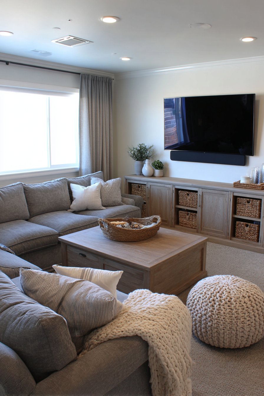 Grey microfiber sectional facing media console