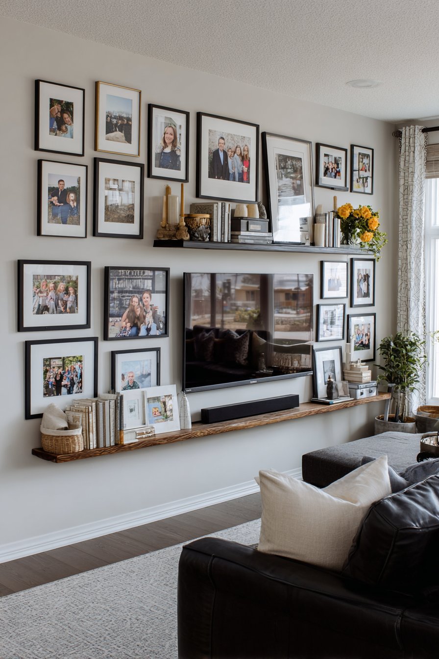 TV surrounded by framed family photos and artwork
