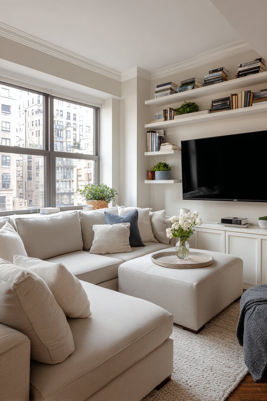 Beige L-shaped sectional in corner with floating shelves