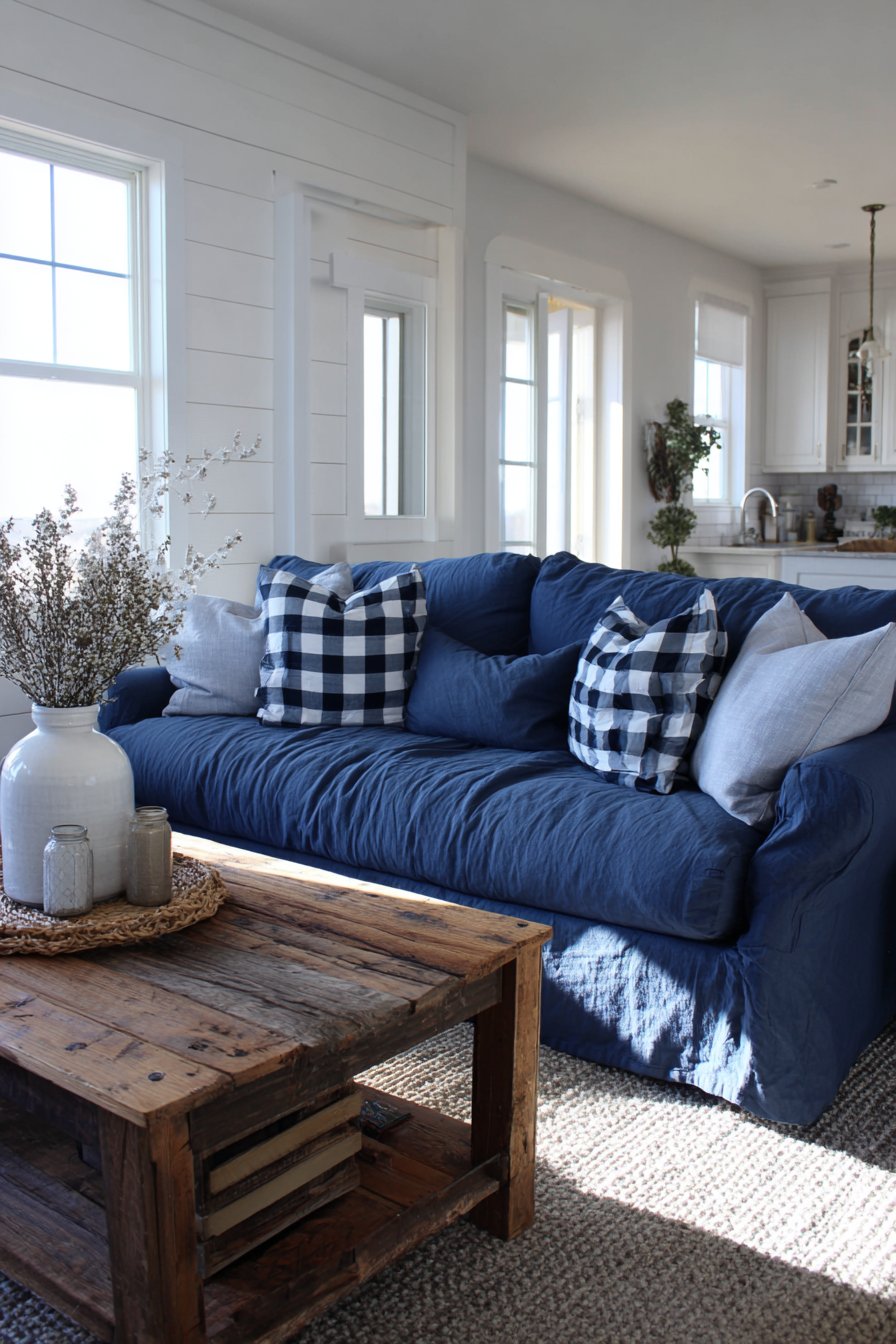 Denim blue slipcovered sofa with shiplap wall in farmhouse living room