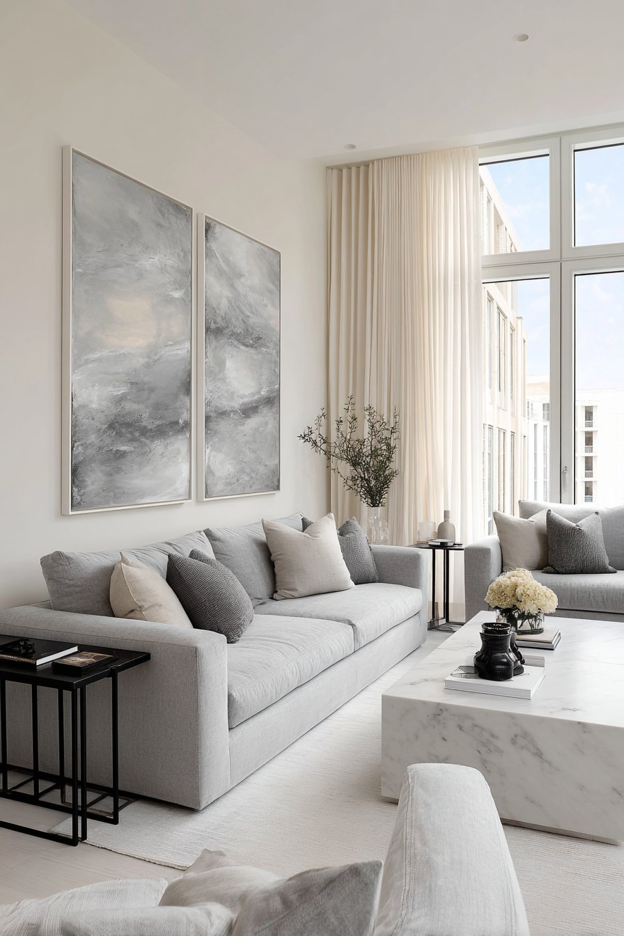 Identical grey linen sofas in perfect symmetry