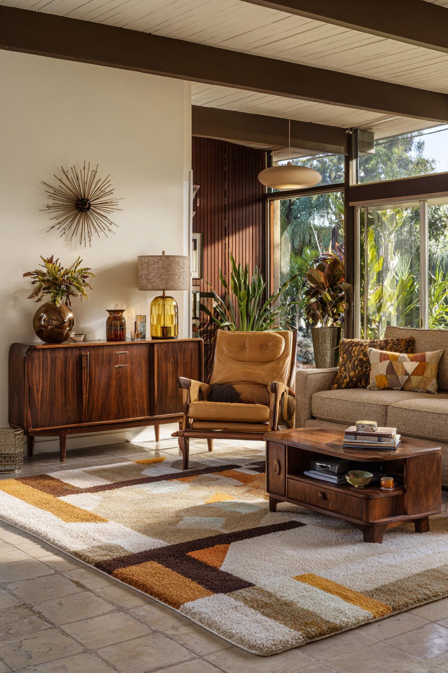 Brown walnut credenza with cognac leather chair