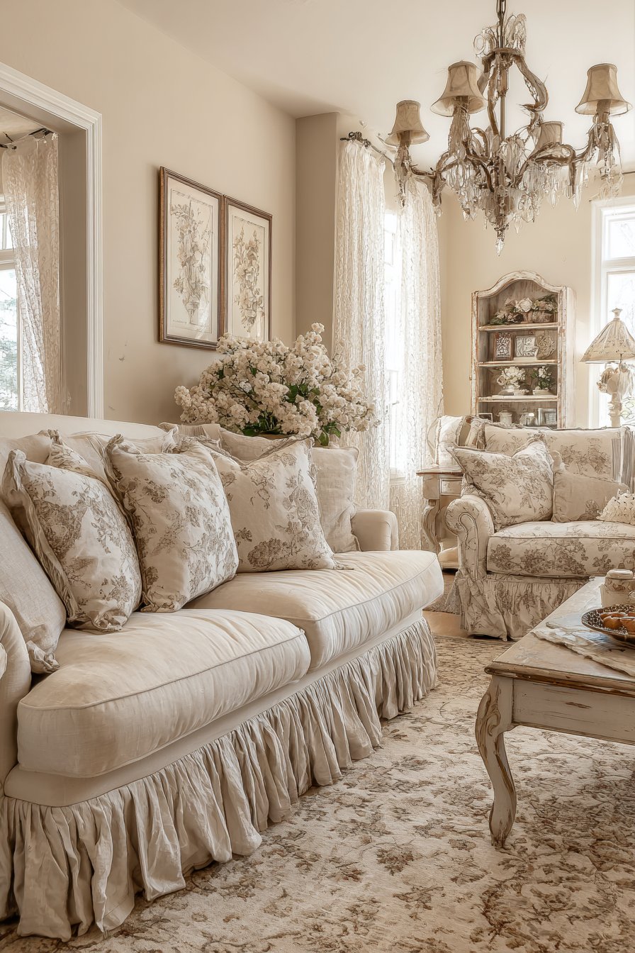 Beige toile chairs with cream linen and distressed furniture