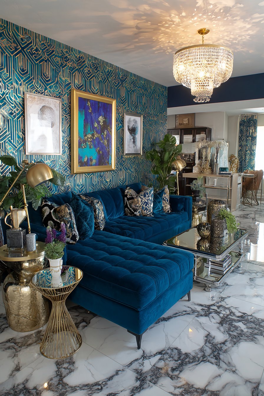 Peacock blue velvet with gold and geometric patterns