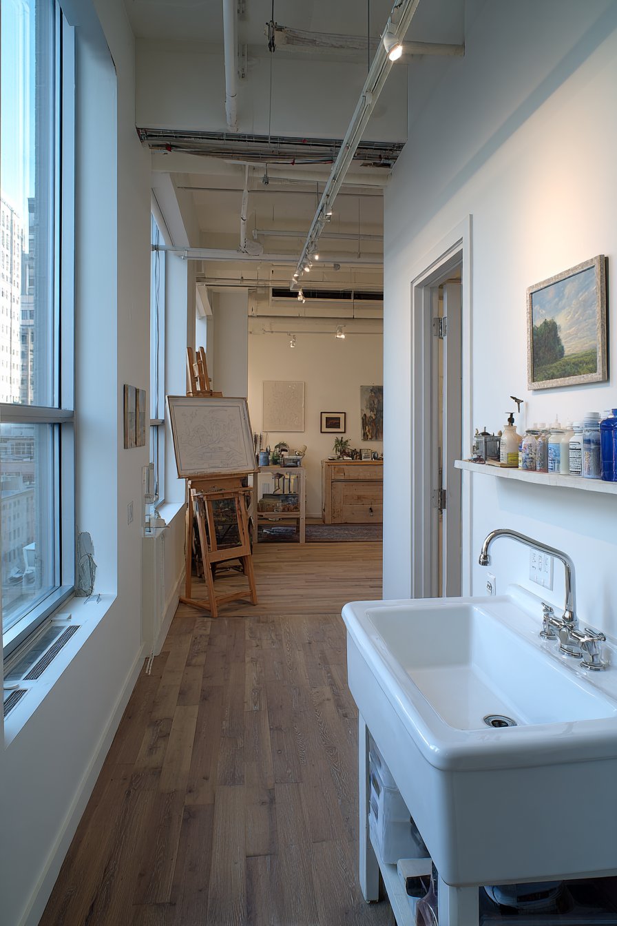 Deep white porcelain sink in artist studio
