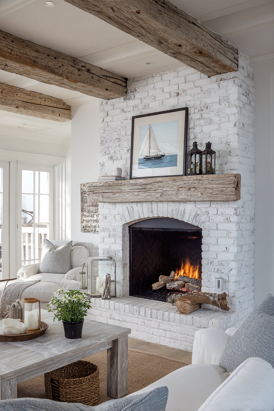 Whitewashed brick fireplace with driftwood mantel