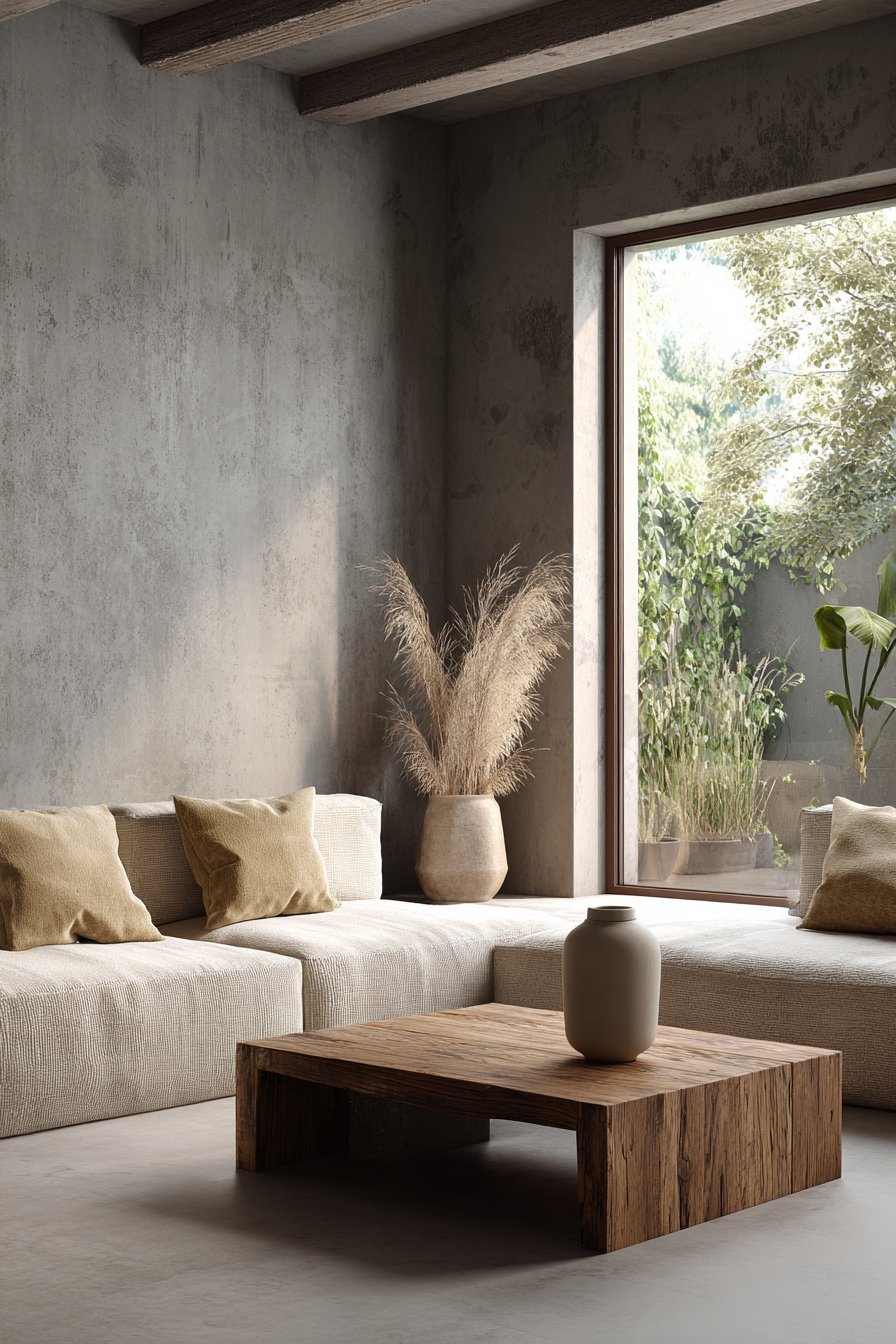 Raw concrete walls with untreated wood and linen