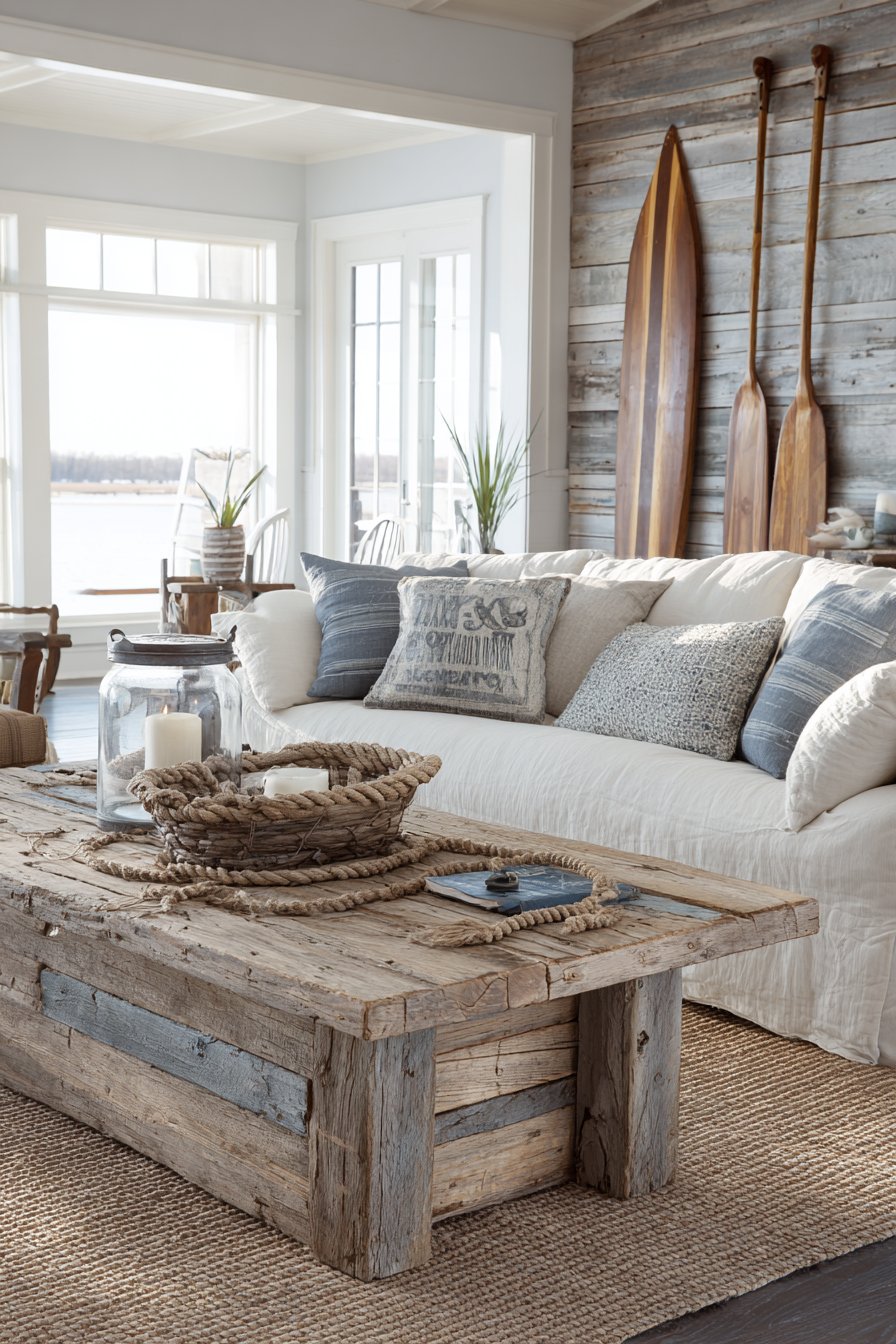 Driftwood furniture with rope accents and grey-washed wood