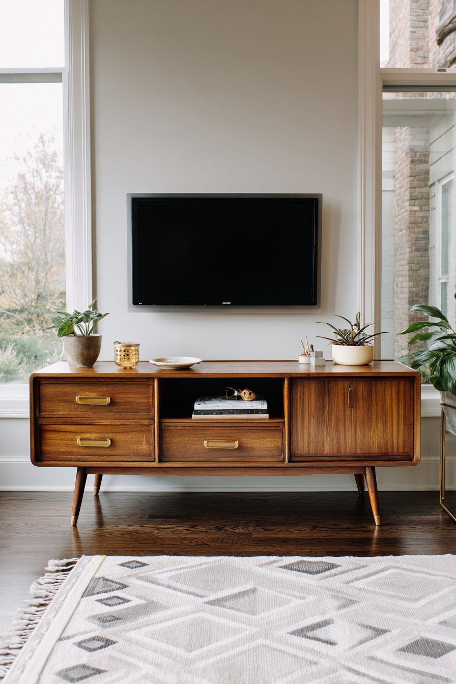 1960s teak credenza with brass pulls adapted for TV
