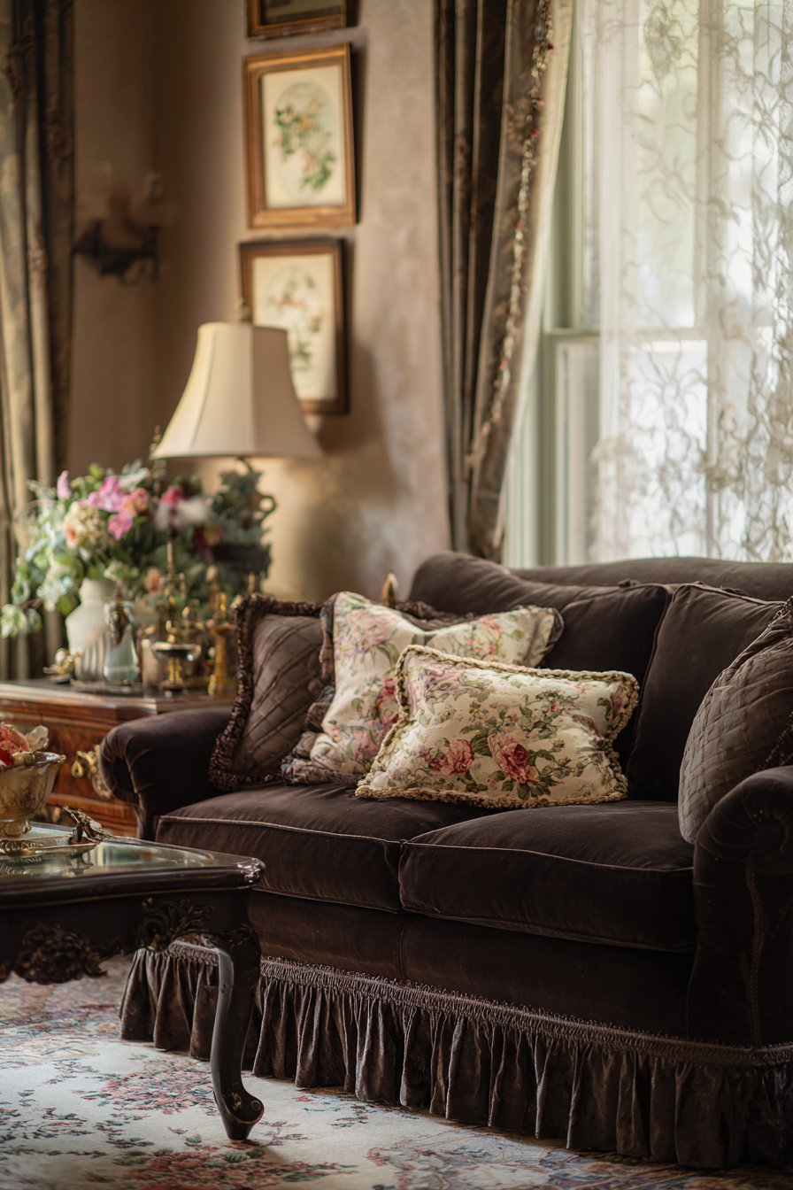 Dark brown skirted sofa with floral chintz pillows