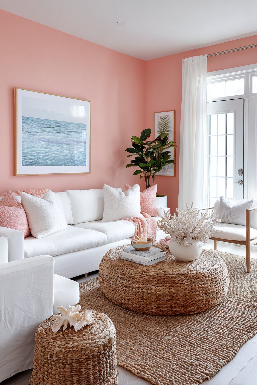 Peachy-coral wall with white slipcovers and driftwood