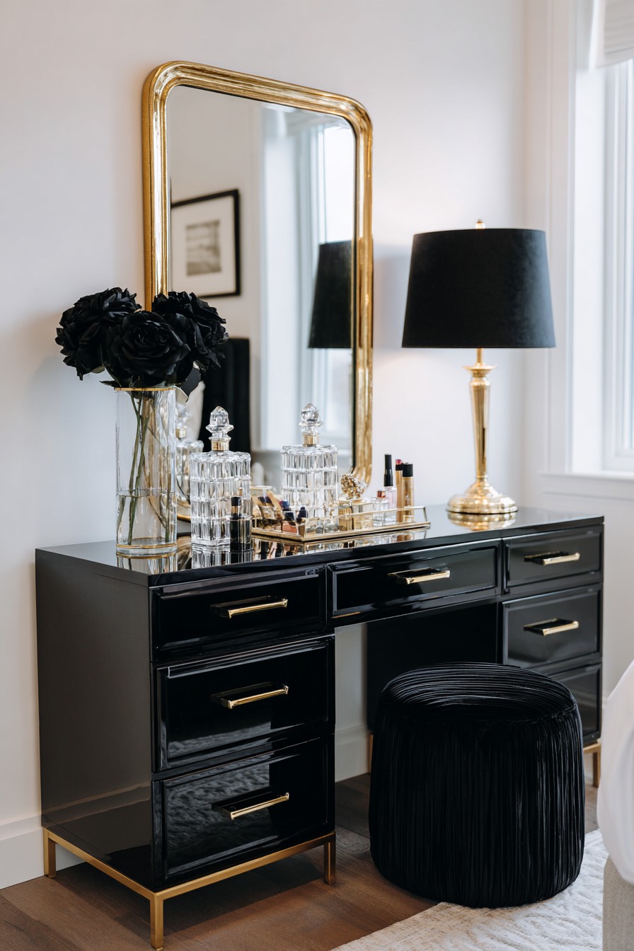 High-gloss black vanity with ornate gold mirror
