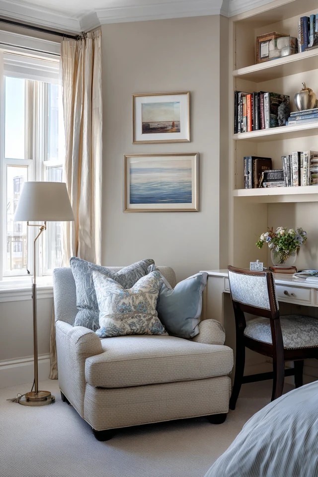 Brass bed with patterned quilts and macramé hanging