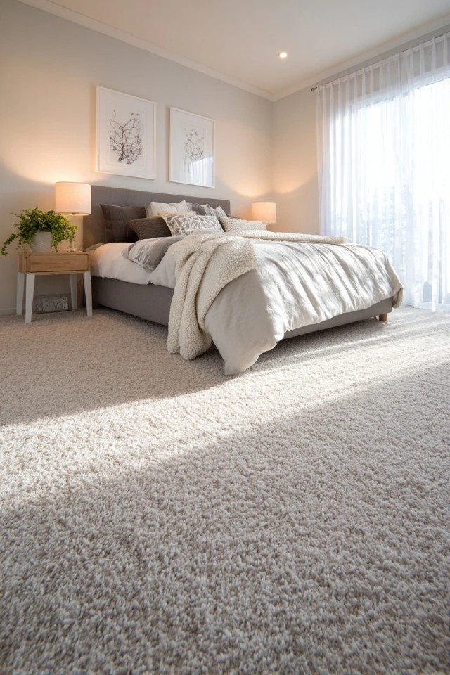 Fabric-shaded pendants hung low beside bed