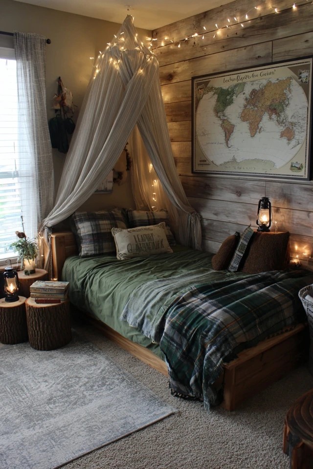 Bed tent with string lights and faux wood plank walls