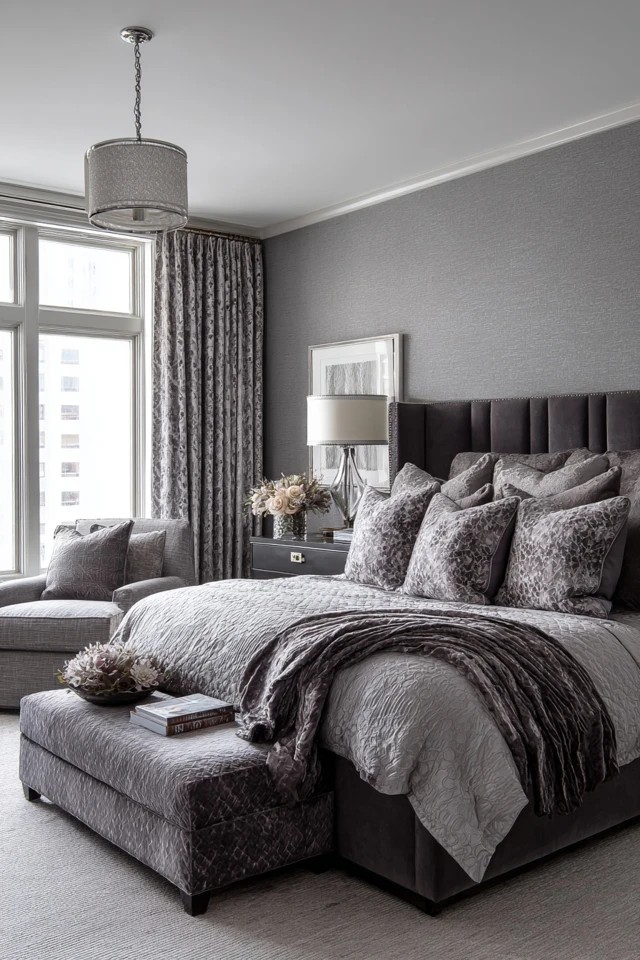 Varying grey textures in velvet, linen, and silk