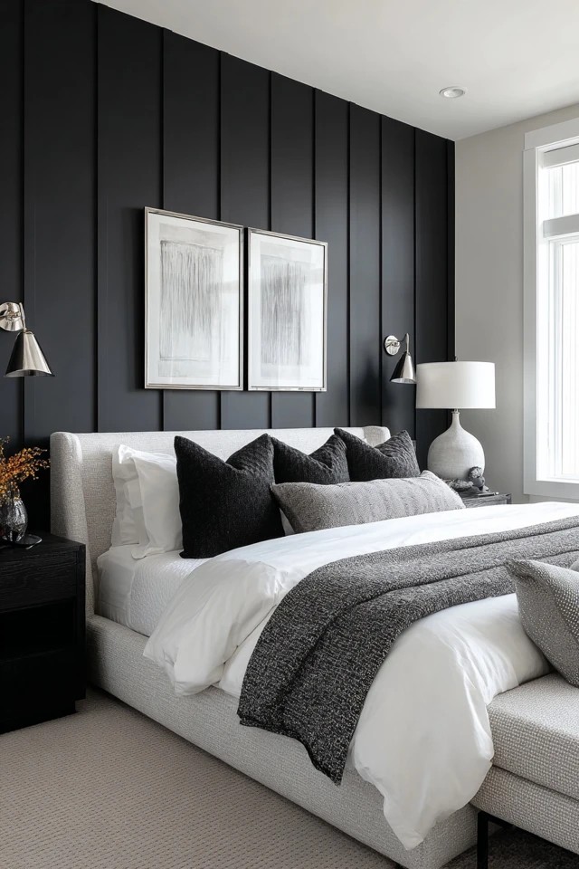 Matte black wall with white bedding and chrome