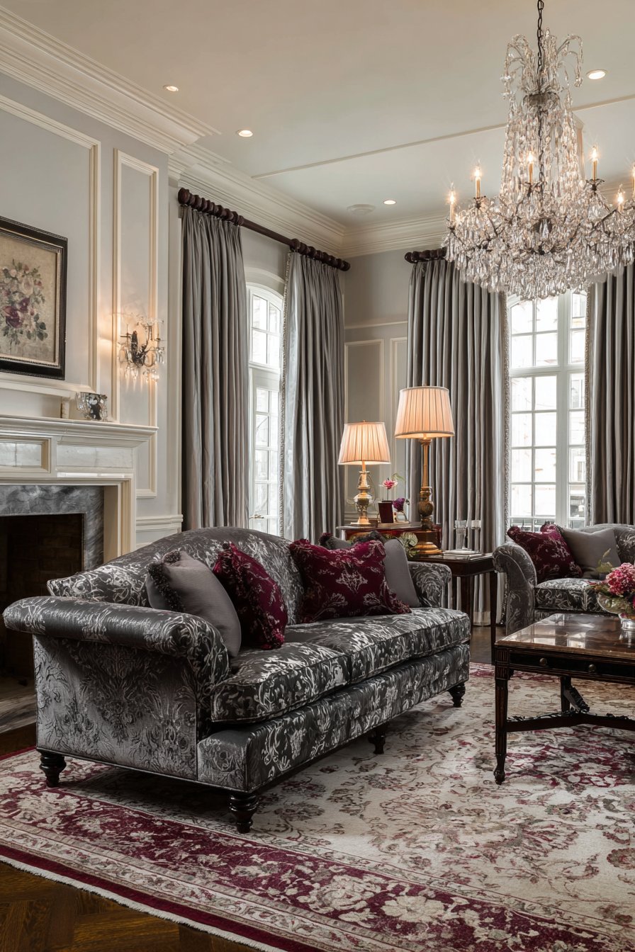 Grey damask sofa with crystal chandelier
