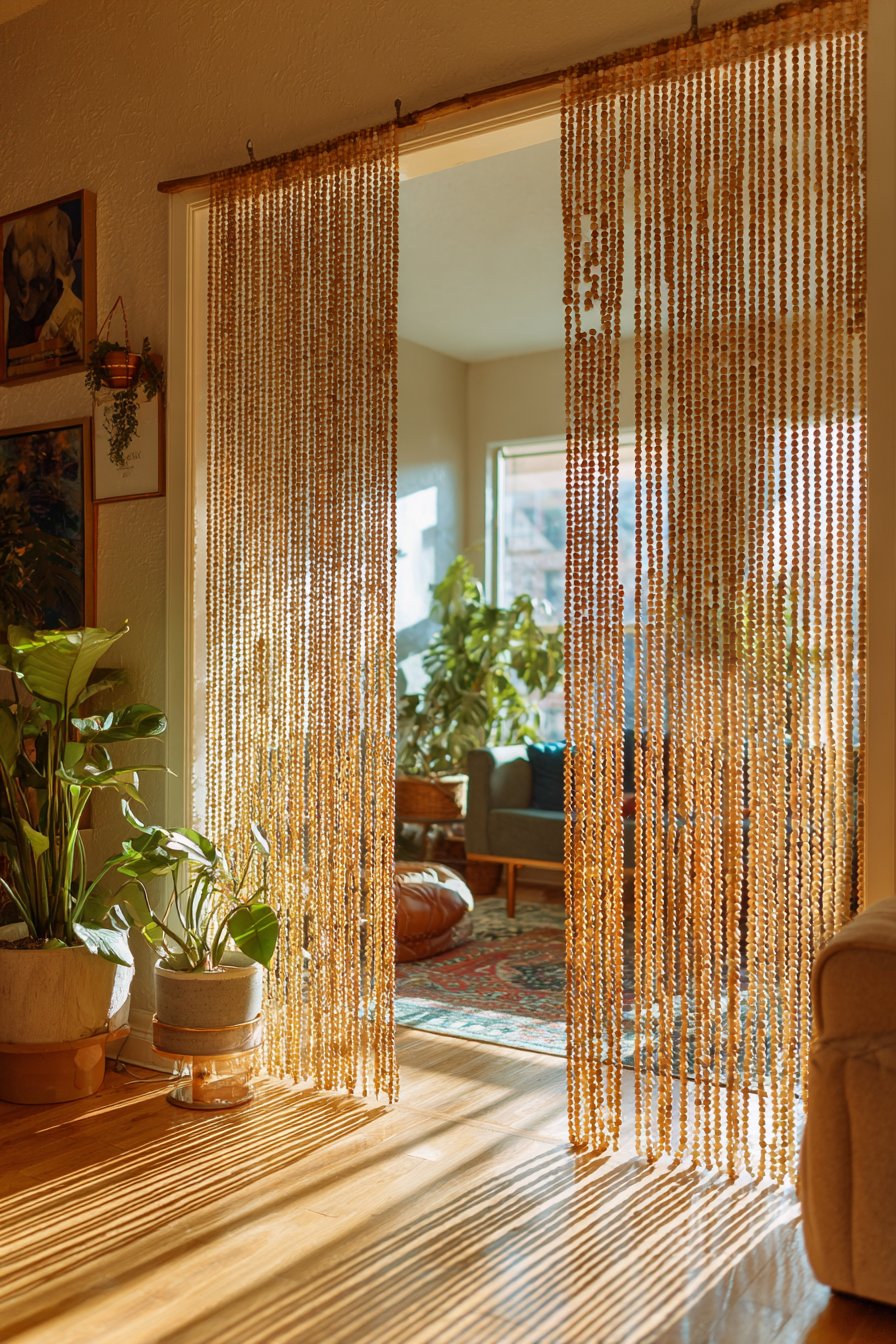 Natural wood bead curtain in bohemian apartment