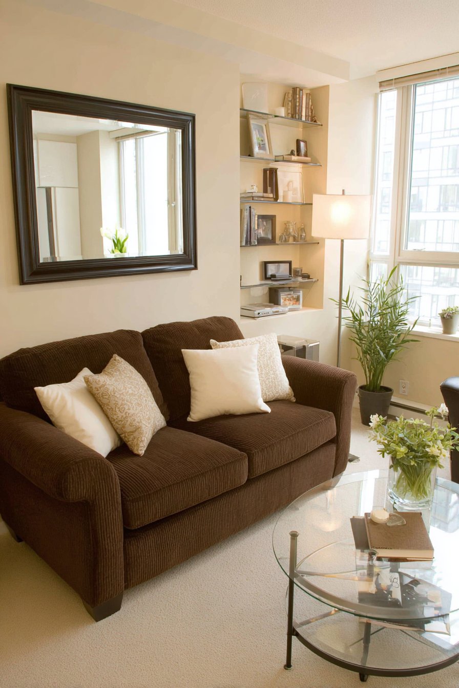 Compact brown loveseat in small apartment