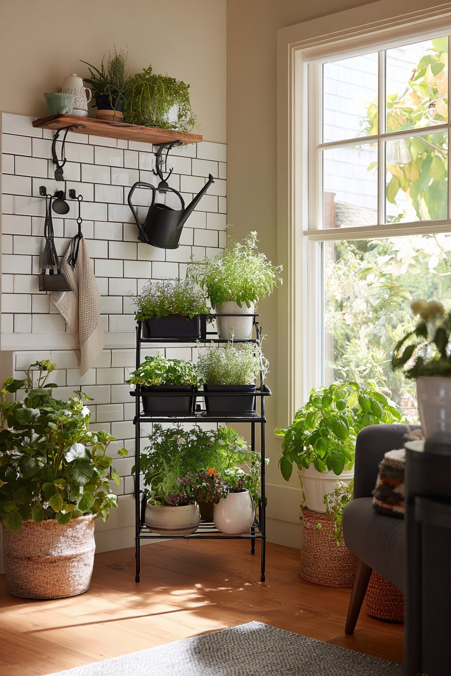 Three-tier plant stand near corner window
