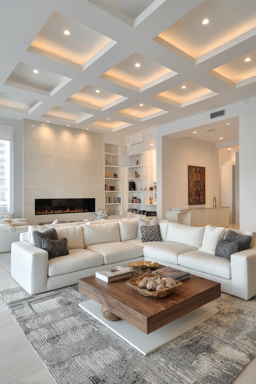 Grid pattern of recessed can lights in ceiling