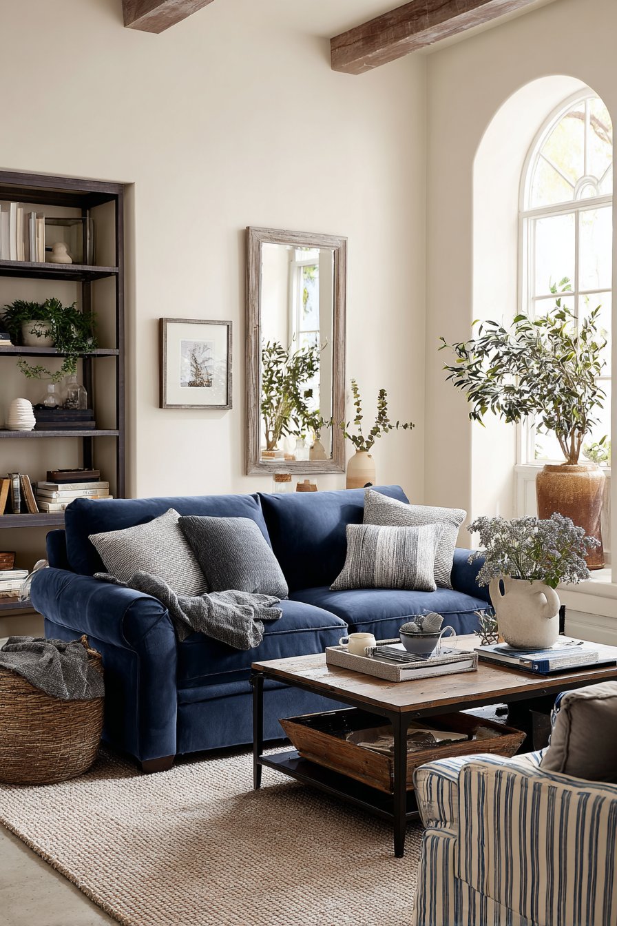 Navy velvet loveseat with nesting tables in compact room