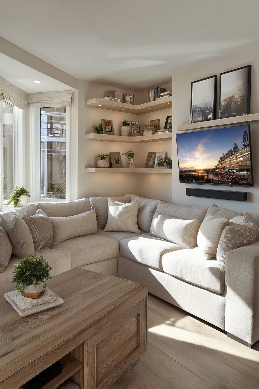 Corner-mounted TV with custom angled console