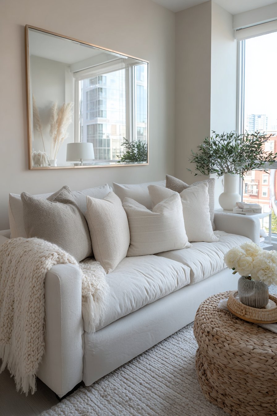 Layered cream and beige textures in compact room