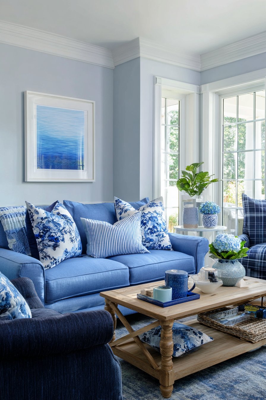 Medium cerulean sofa with navy chairs creating blue tonal scheme