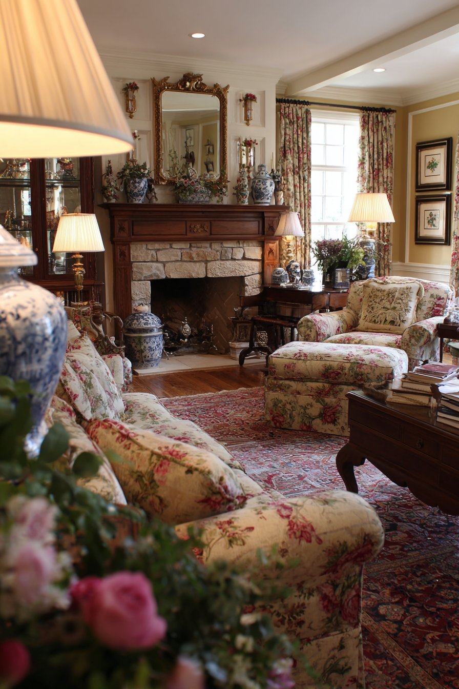 Floral chintz sofas with antique furniture