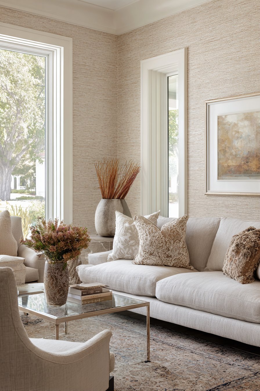 Beige grasscloth wallpaper with contemporary and traditional mix