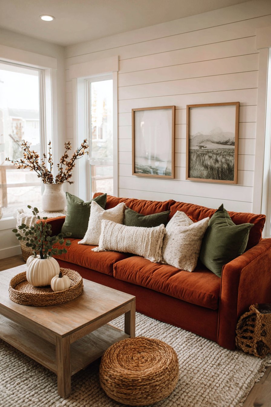 Sage green shiplap with terracotta sofa