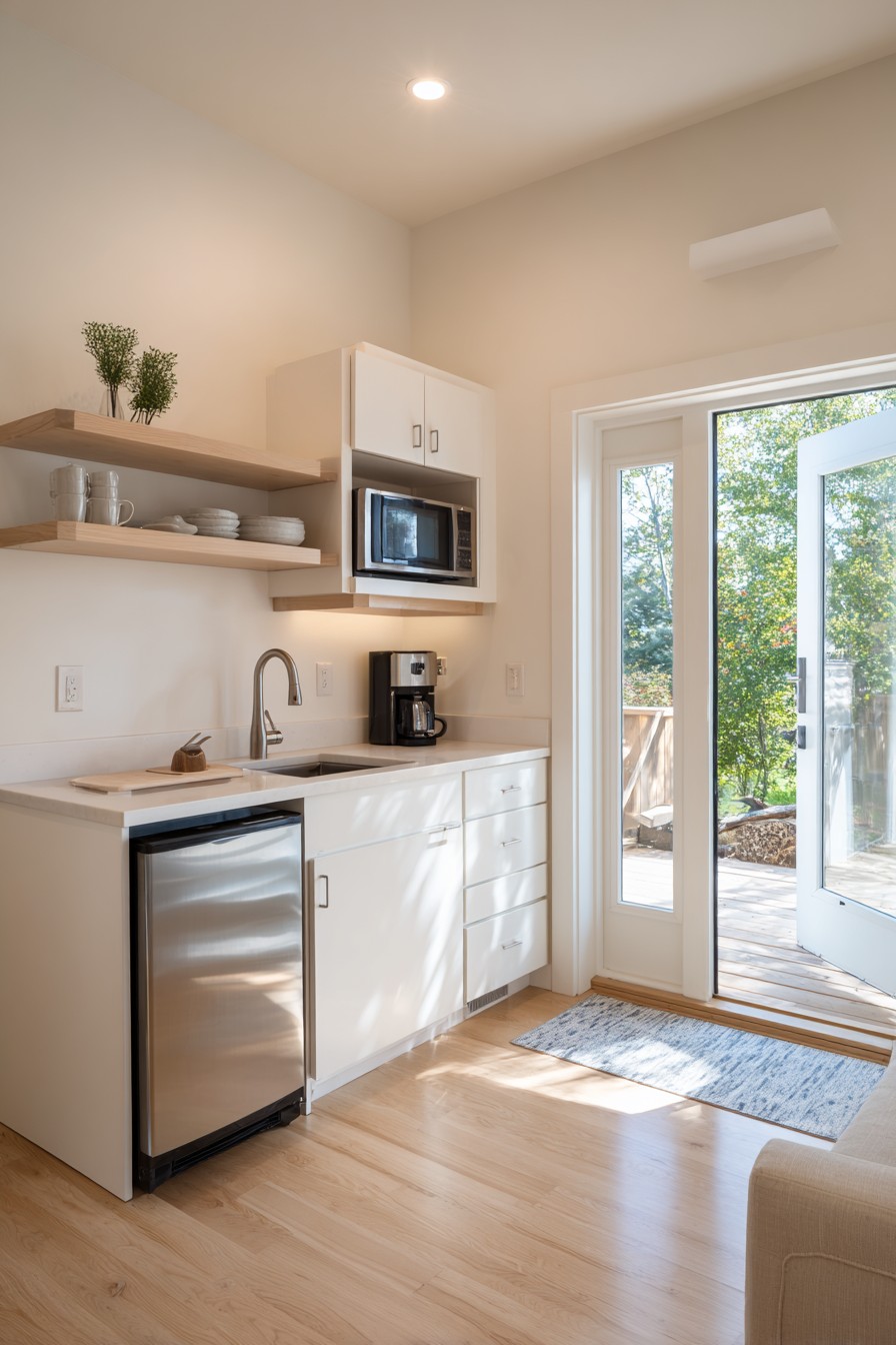 Stainless steel sink in compact kitchenette