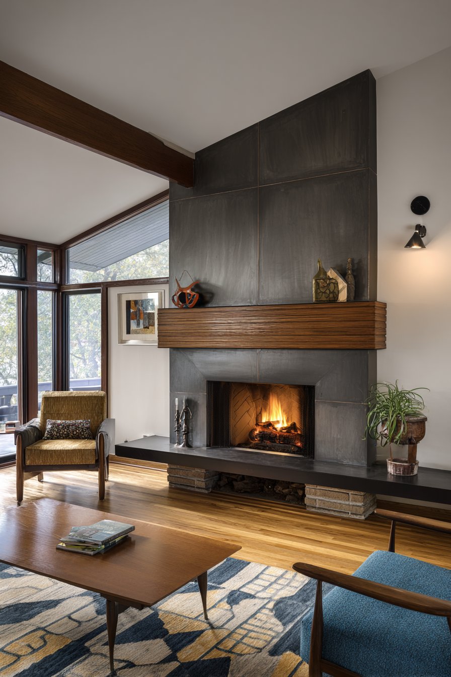 Horizontal fireplace with teak panels and cantilevered hearth