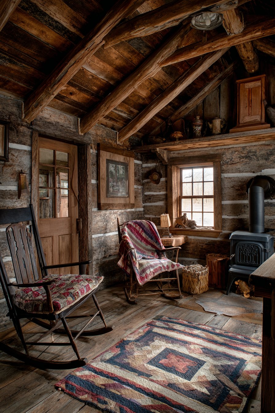 Rough-cut lumber with handmade quilts and primitive furniture