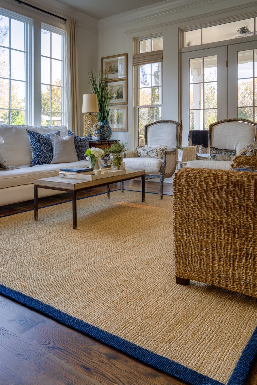 Natural sisal center with navy blue border trim