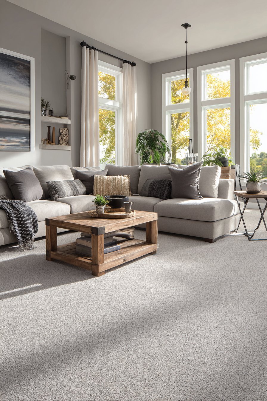 Protected light grey carpet in open living room