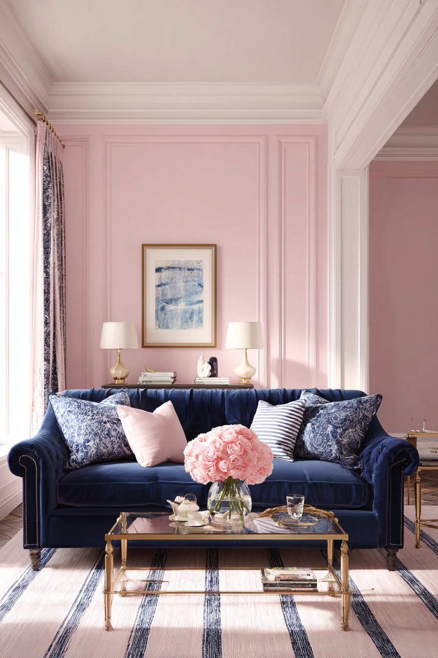 Soft blush walls with navy velvet sofa and brass