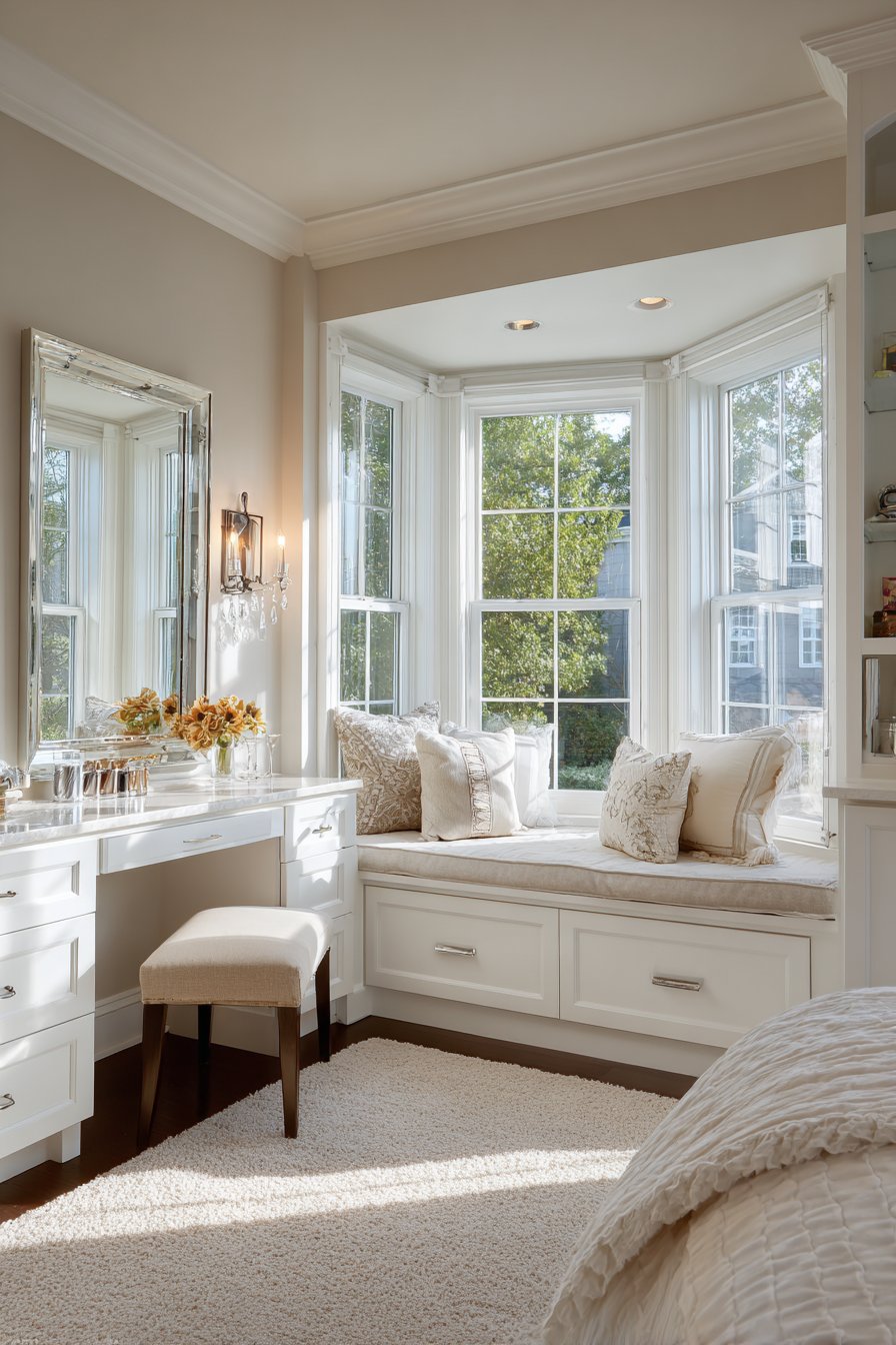 Cushioned bay window seat with adjacent mirror