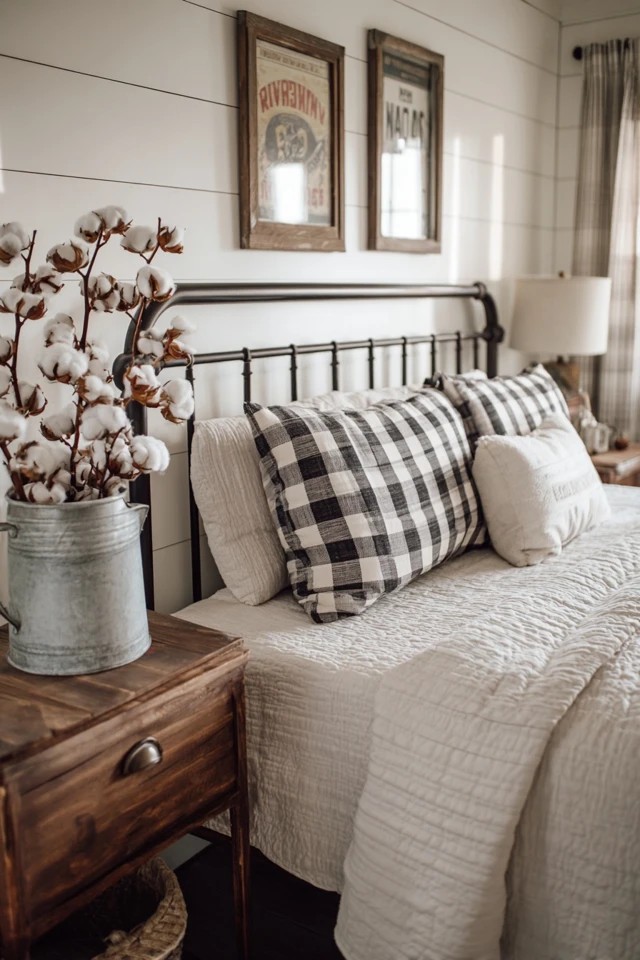 White shiplap wall with iron bed and buffalo check