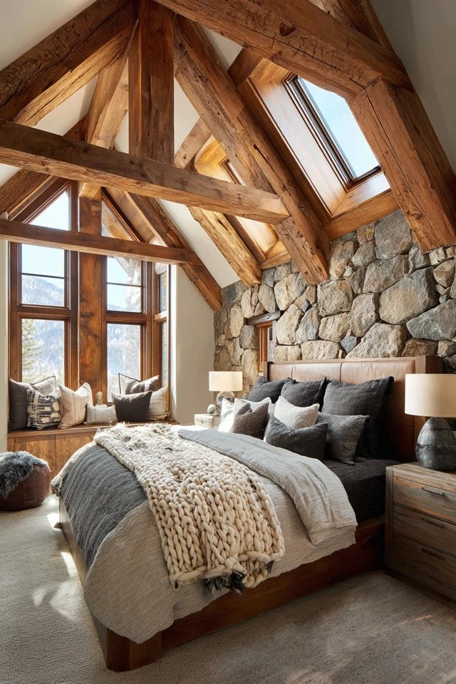 Low bed with layered textiles and floor seating